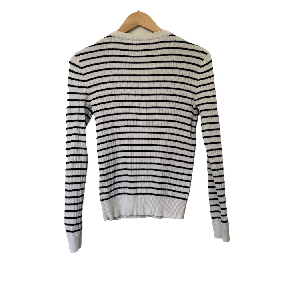 Ralph Lauren V-Neck Sweater Turn Lock Clasp Women's Sz Medium Striped Preppy - Picture 2 of 6